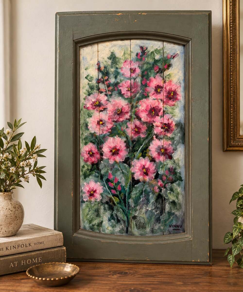 Artist MINNO at bottom right: Pink Floral Hollyhock Painting On Distressed Wood
